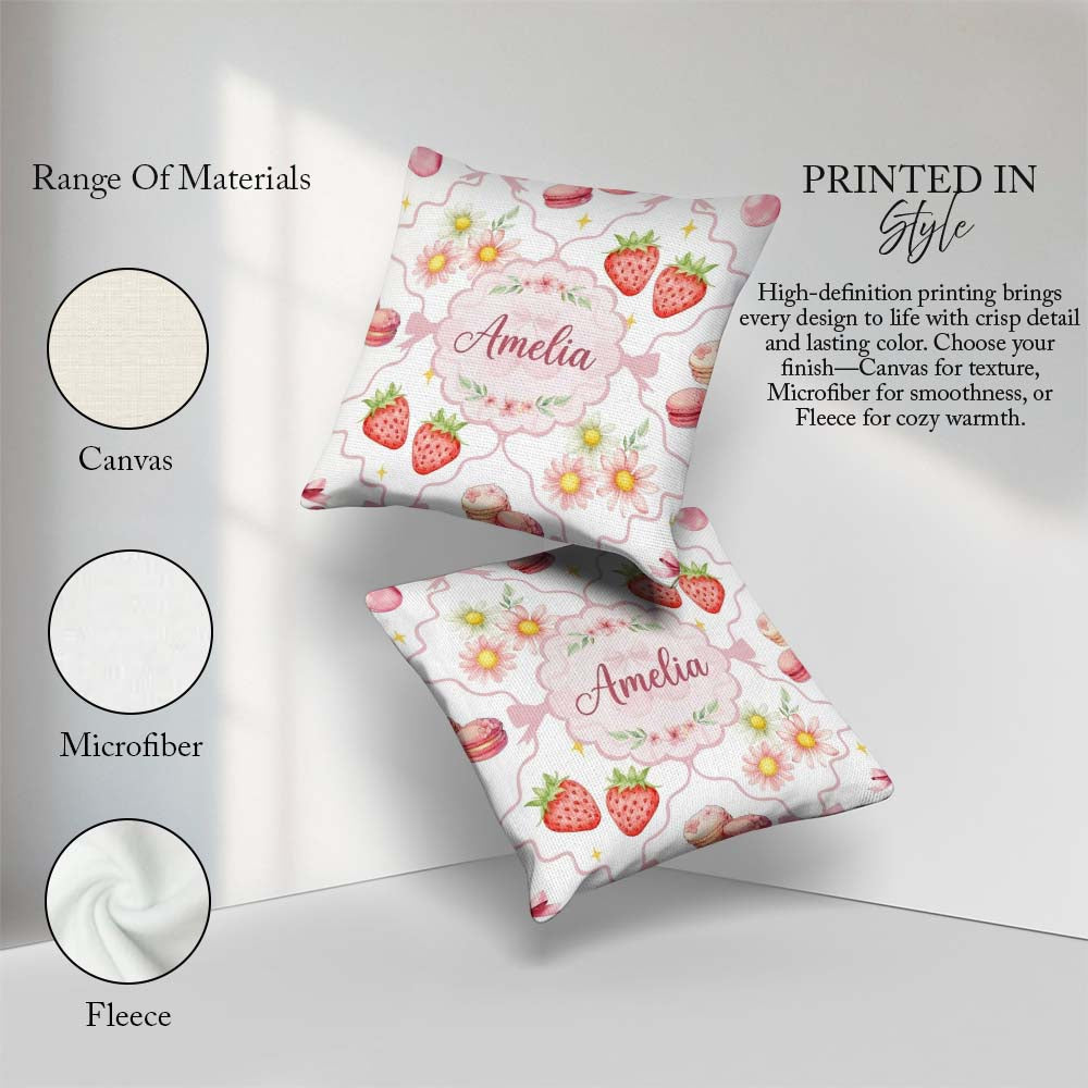 Custom Name Watercolor Cherry Daisy Flowers and Pink Bow White Square Filled Cushion Throw Pillow Sofa Bed Home Decor Zip Washable UK Made