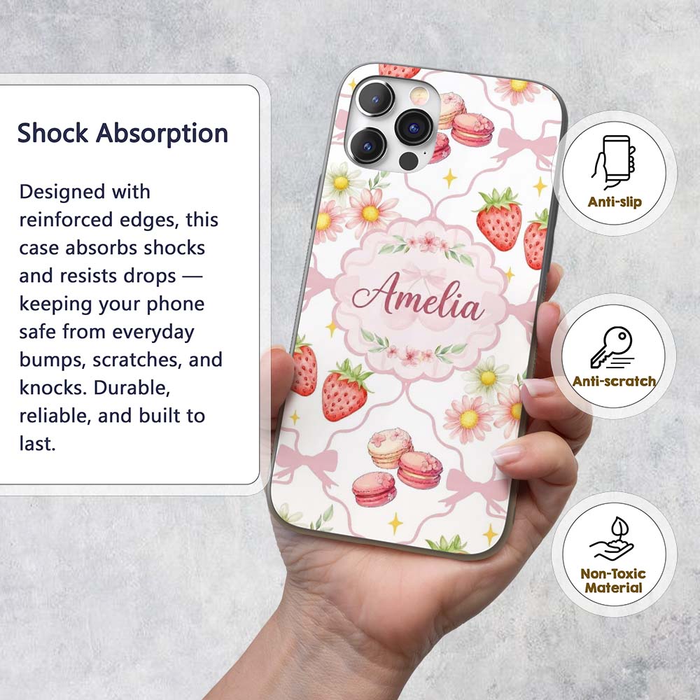 Cute Watercolor Cherry Strawberry Daisy Flowers Custom Name Protective Phone Case Mobile Cover Durable Everyday Smartphone Shock Resistant