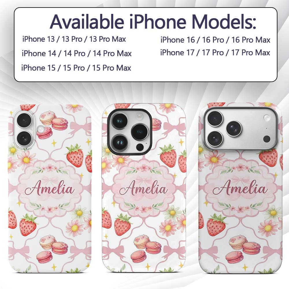 Cute Watercolor Cherry Strawberry Daisy Flowers Custom Name Protective Phone Case Mobile Cover Durable Everyday Smartphone Shock Resistant