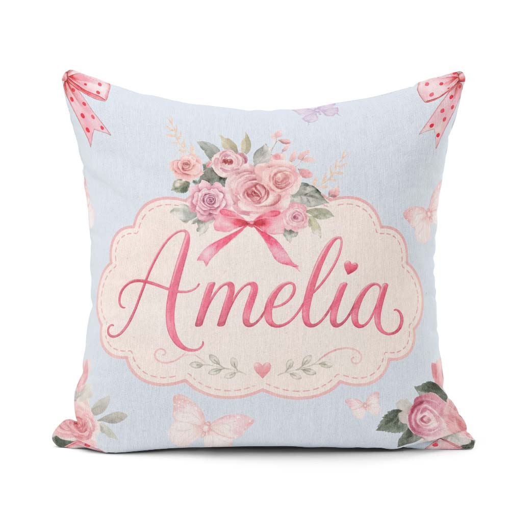 Custom Name Floral Roses with Red Ribbon and Butterflies Blue Square Filled Cushion Throw Pillow Sofa Bed Home Decor Zip Washable UK Made