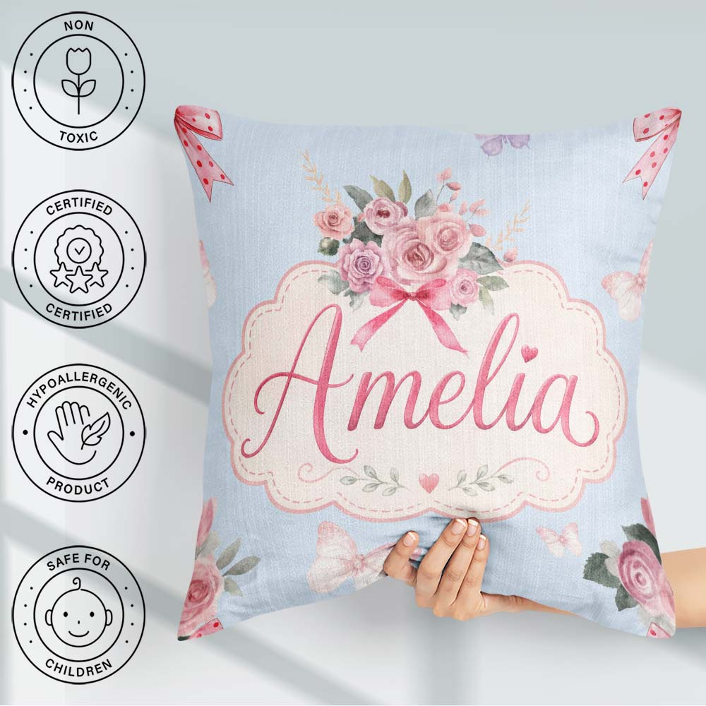 Custom Name Floral Roses with Red Ribbon and Butterflies Blue Square Filled Cushion Throw Pillow Sofa Bed Home Decor Zip Washable UK Made