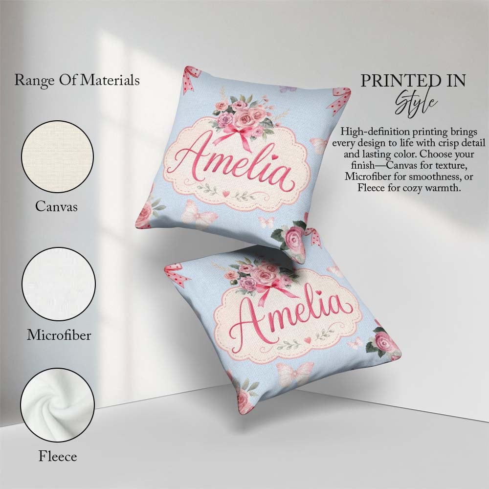 Custom Name Floral Roses with Red Ribbon and Butterflies Blue Square Filled Cushion Throw Pillow Sofa Bed Home Decor Zip Washable UK Made
