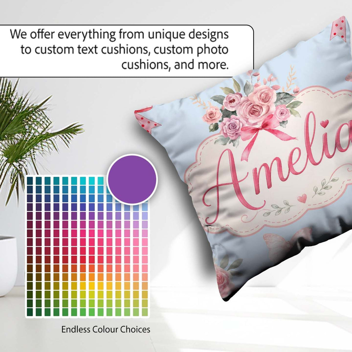 Custom Name Floral Roses with Red Ribbon and Butterflies Blue Square Filled Cushion Throw Pillow Sofa Bed Home Decor Zip Washable UK Made