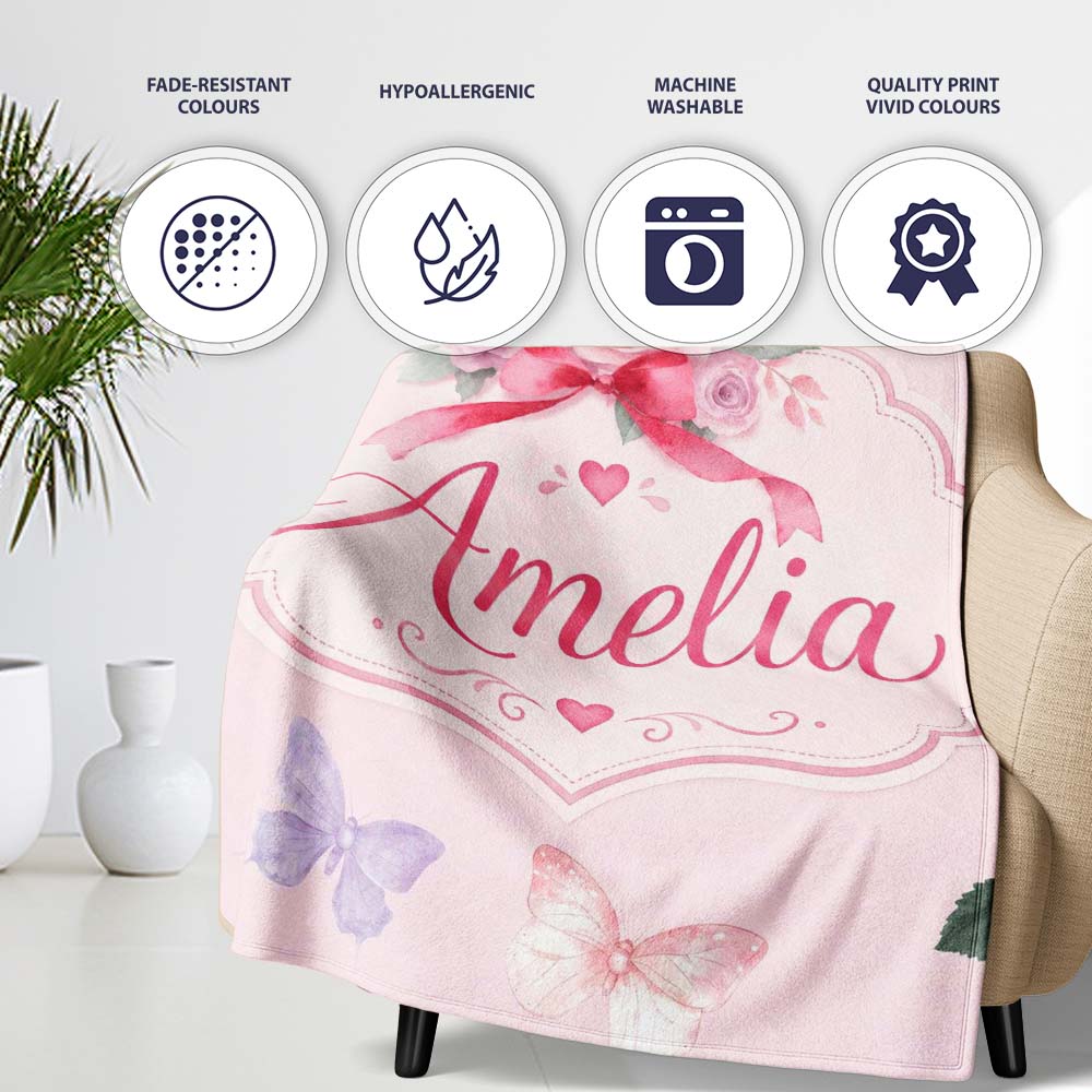Watercolor Rose Bouquet with Red Ribbon and Butterflies Soft Blush Personalised Custom Name Super Soft Fleece Blanket Bed Sofa Throw