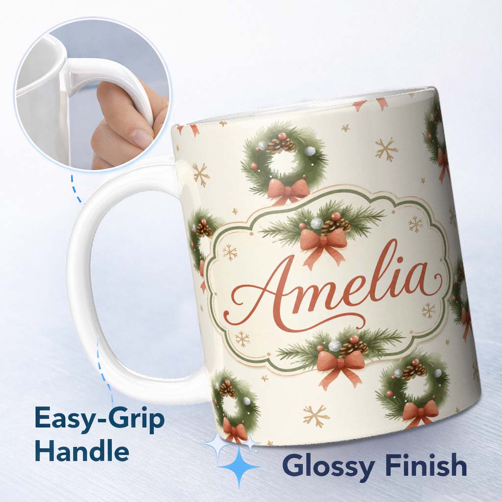 Personalized Custom Name Festive Christmas Wreath Pinecone Ribbon Snowflake Seamless Pattern 11oz Ceramic Coffee Tea Mug White Large Handle