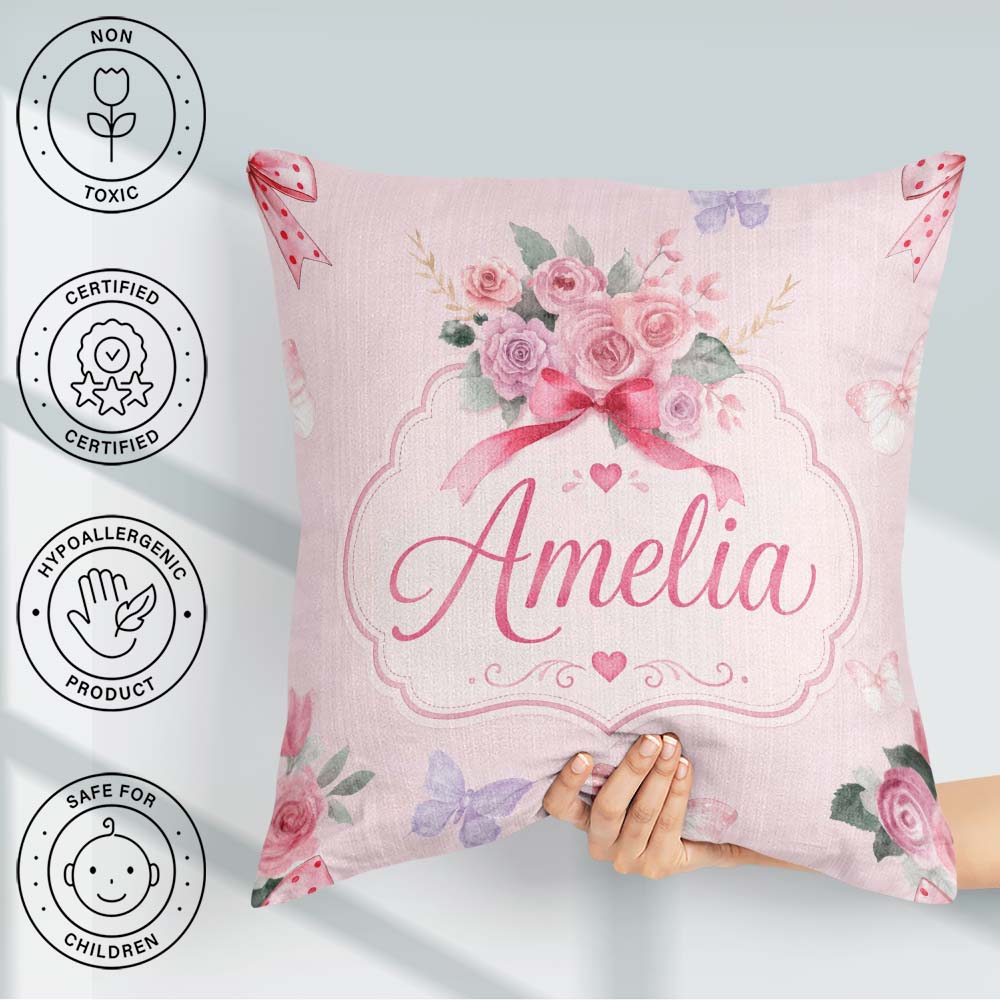 Custom Name Watercolor Rose with Red Ribbon and Butterflies Soft Square Filled Cushion Throw Pillow Sofa Bed Home Decor Zip Washable UK Made