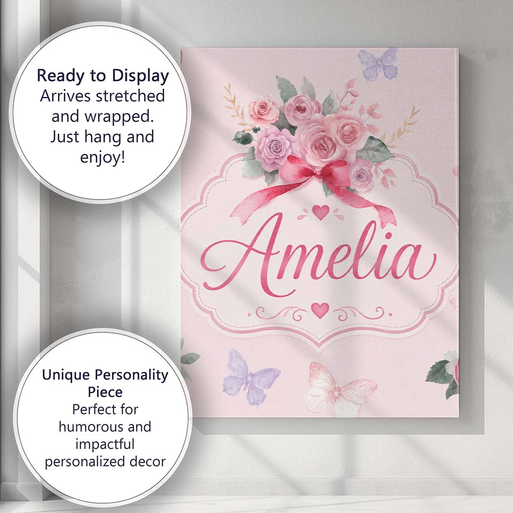 Personalised Name Watercolor Rose Bouquet Custom Unique Gift Idea Elegant Feature Canvas Wall Art Print Decor Picture Ready to Hang
