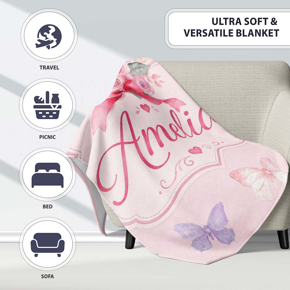 Watercolor Rose Bouquet with Red Ribbon and Butterflies Soft Blush Personalised Custom Name Super Soft Fleece Blanket Bed Sofa Throw