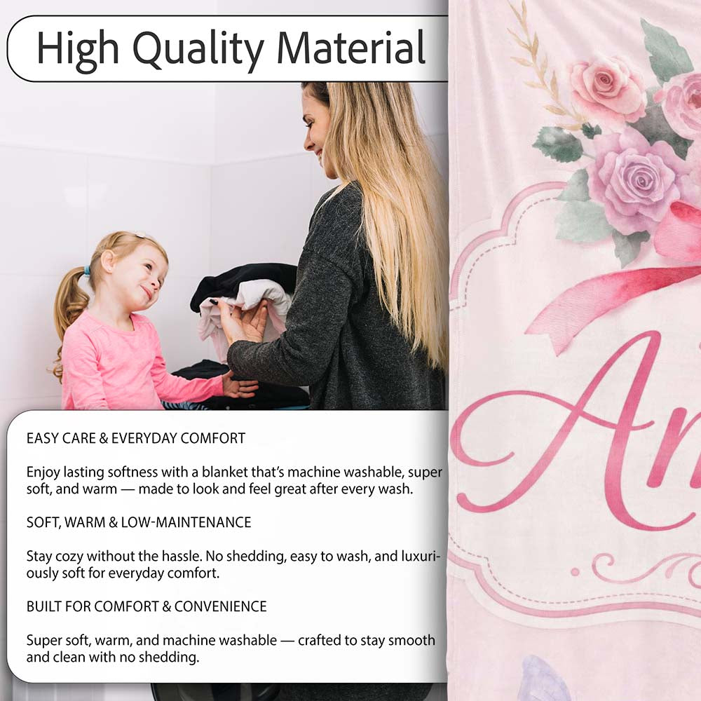 Watercolor Rose Bouquet with Red Ribbon and Butterflies Soft Blush Personalised Custom Name Super Soft Fleece Blanket Bed Sofa Throw