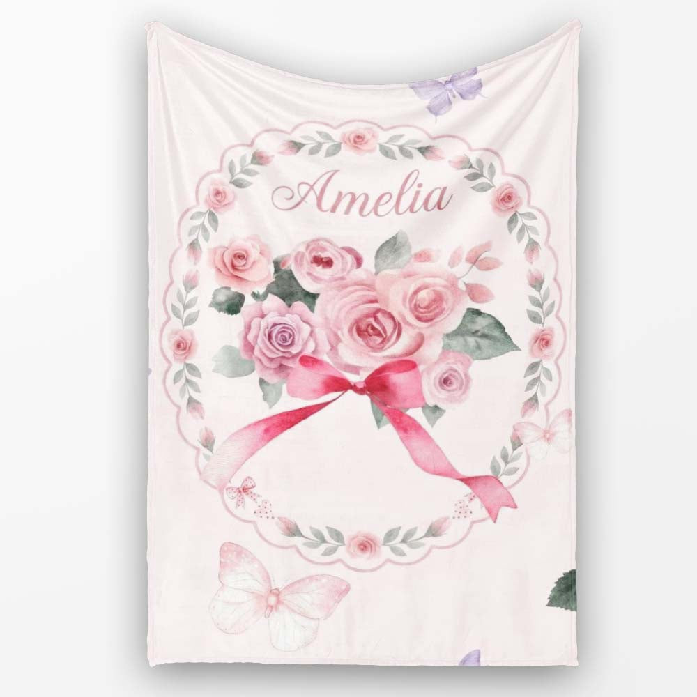 Cute Watercolor Roses Bouquet with Red Ribbon Light Pink Background Personalised Custom Name Super Soft Fleece Blanket Bed Sofa Throw