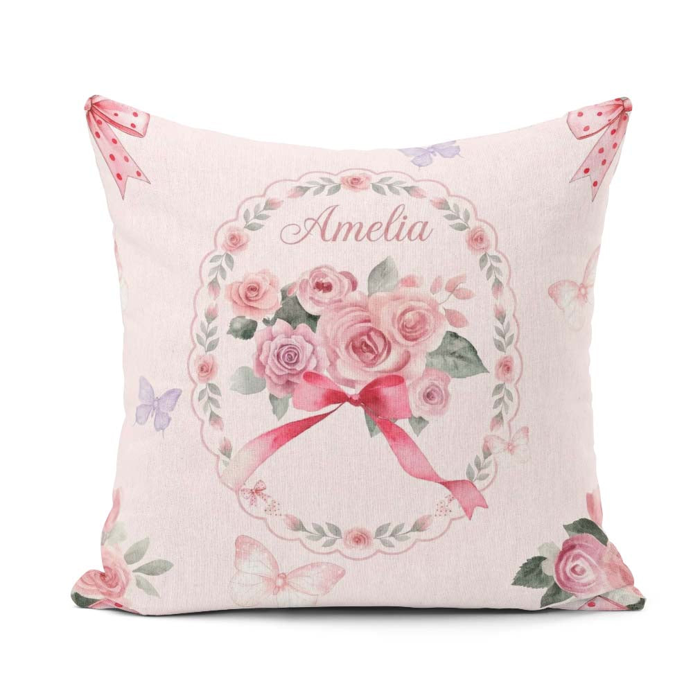 Custom Name Watercolor Roses Bouquet with Red Ribbon Light Pink Square Filled Cushion Throw Pillow Sofa Bed Home Decor Zip Washable UK Made