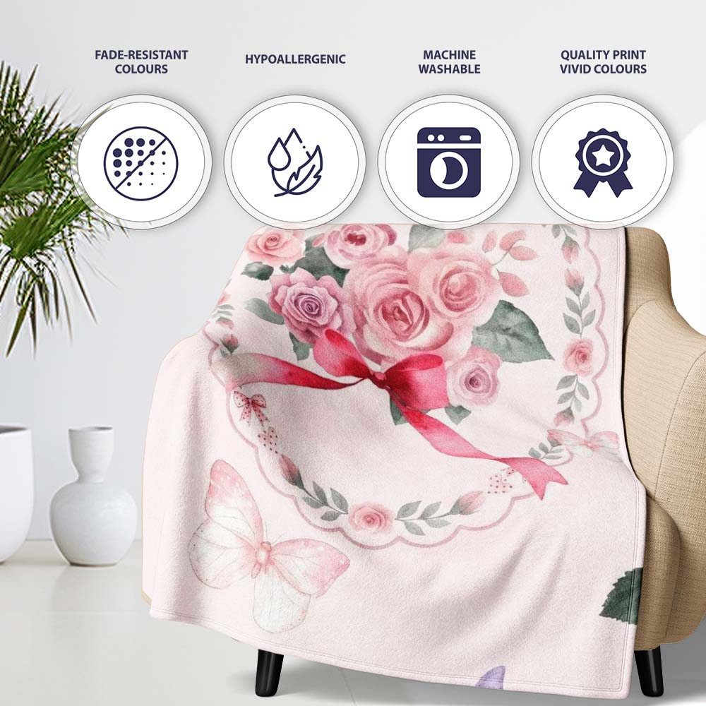 Cute Watercolor Roses Bouquet with Red Ribbon Light Pink Background Personalised Custom Name Super Soft Fleece Blanket Bed Sofa Throw