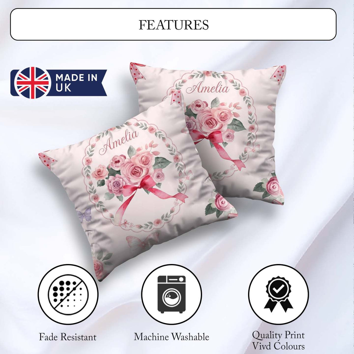 Custom Name Watercolor Roses Bouquet with Red Ribbon Light Pink Square Filled Cushion Throw Pillow Sofa Bed Home Decor Zip Washable UK Made