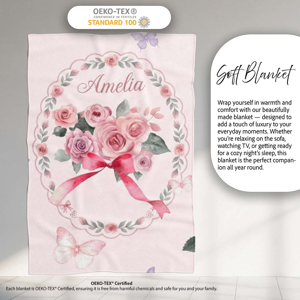 Cute Watercolor Roses Bouquet with Red Ribbon Light Pink Background Personalised Custom Name Super Soft Fleece Blanket Bed Sofa Throw