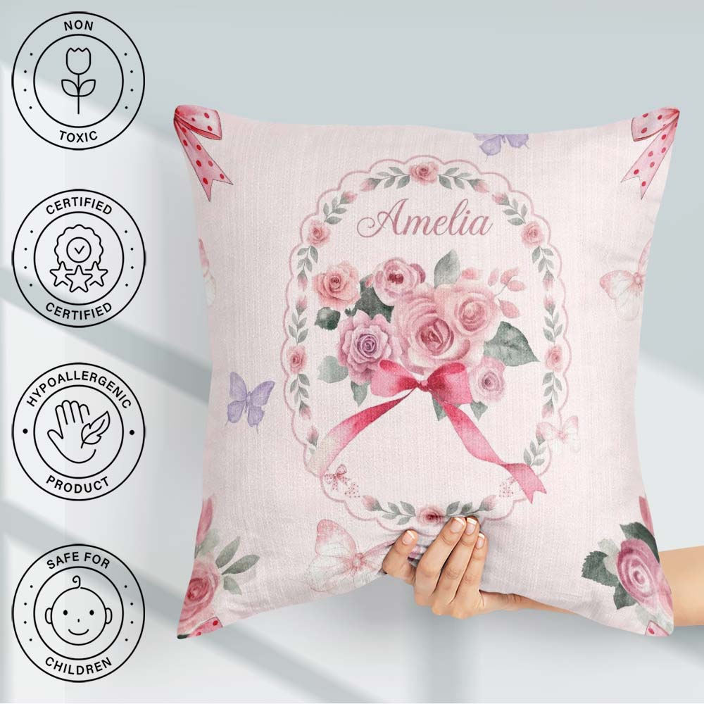 Custom Name Watercolor Roses Bouquet with Red Ribbon Light Pink Square Filled Cushion Throw Pillow Sofa Bed Home Decor Zip Washable UK Made