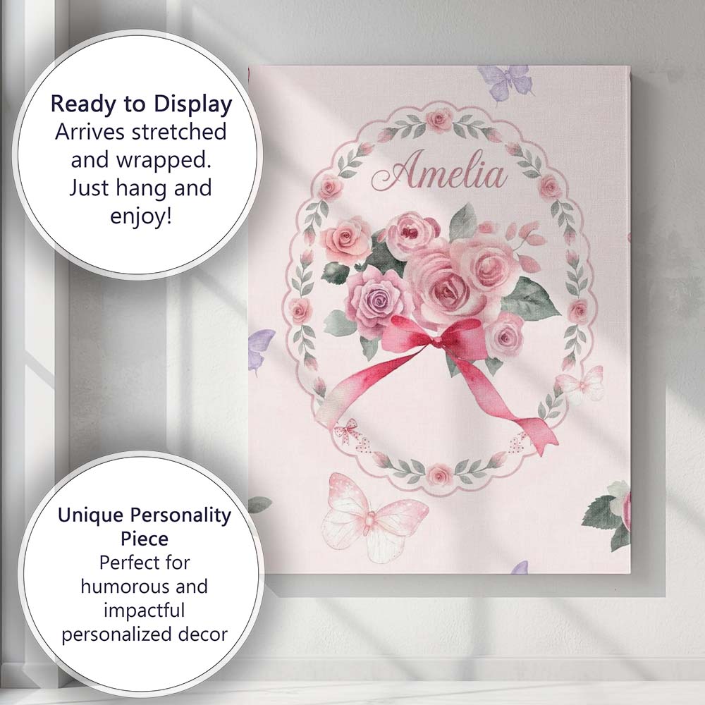 Personalised Name Cute Watercolor Roses Custom Modern Room Accent Elegant Feature Canvas Wall Art Print Decor Picture Ready to Hang