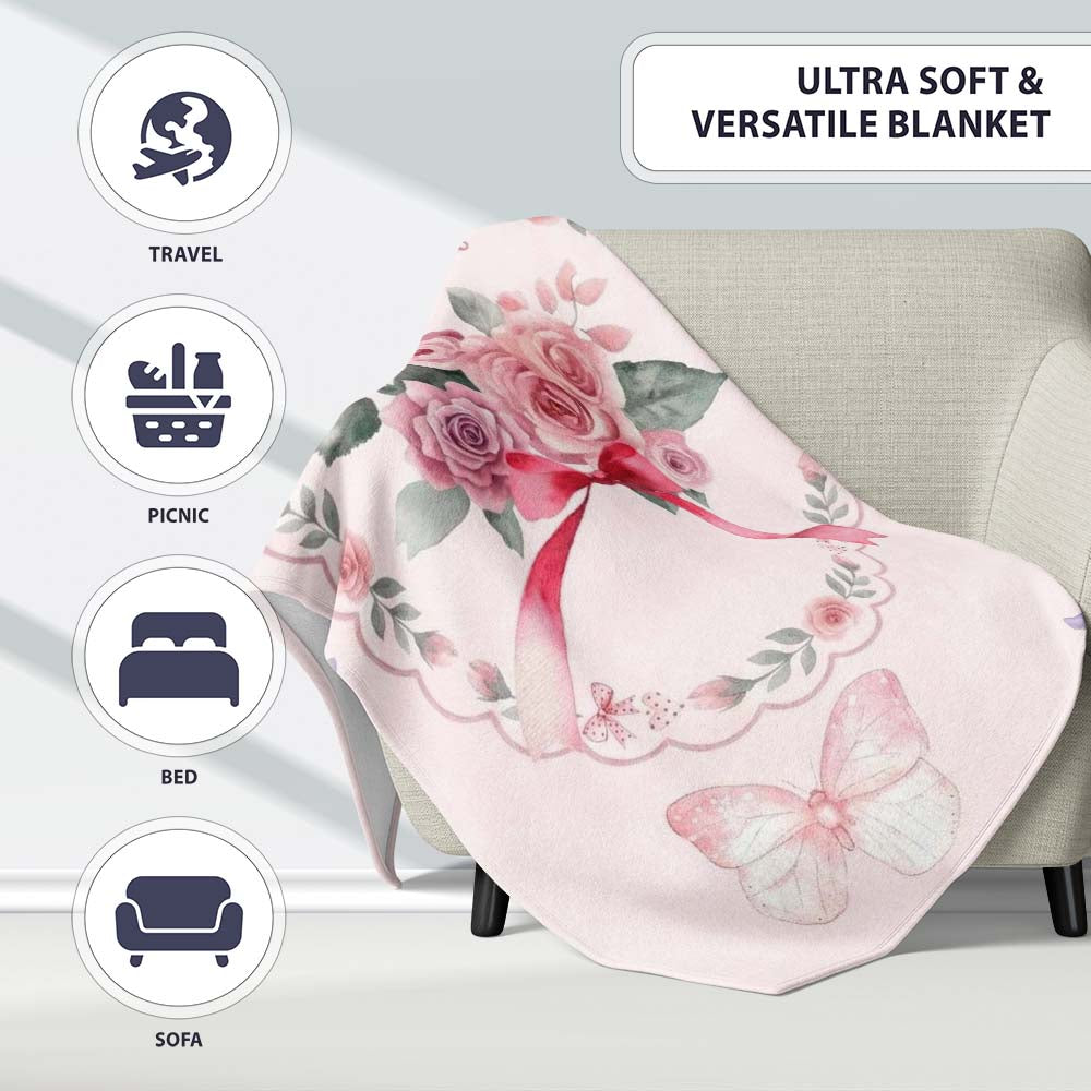 Cute Watercolor Roses Bouquet with Red Ribbon Light Pink Background Personalised Custom Name Super Soft Fleece Blanket Bed Sofa Throw