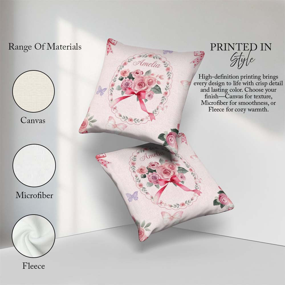 Custom Name Watercolor Roses Bouquet with Red Ribbon Light Pink Square Filled Cushion Throw Pillow Sofa Bed Home Decor Zip Washable UK Made