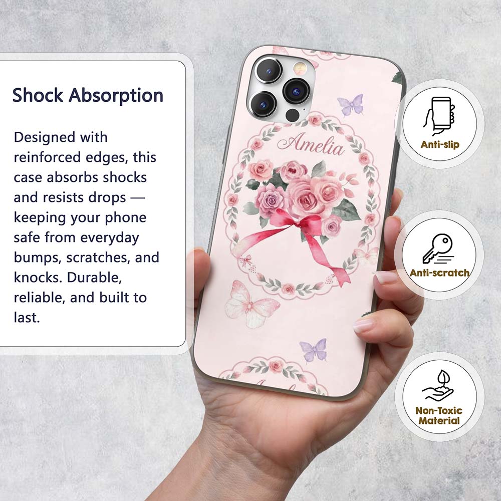 Cute Watercolor Roses Bouquet with Red Ribbon Custom Name Protective Phone Case Mobile Cover Durable Everyday Smartphone Shock Resistant