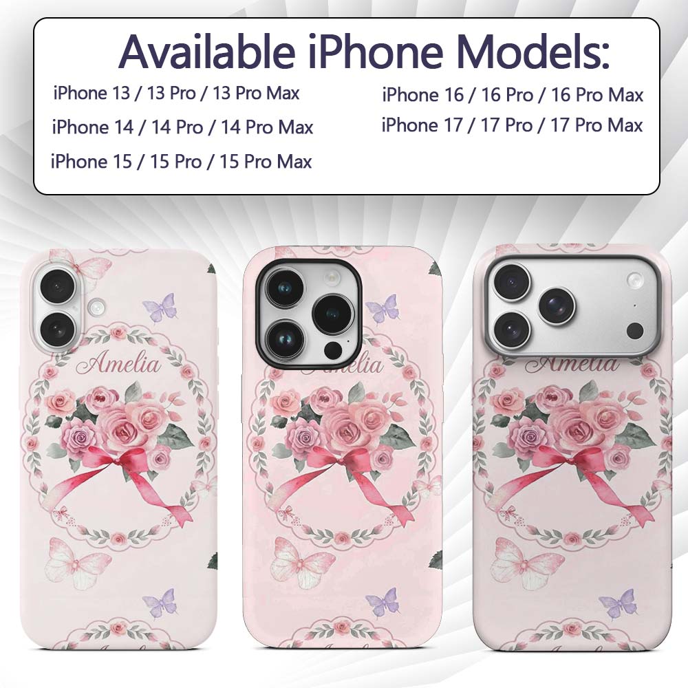 Cute Watercolor Roses Bouquet with Red Ribbon Custom Name Protective Phone Case Mobile Cover Durable Everyday Smartphone Shock Resistant