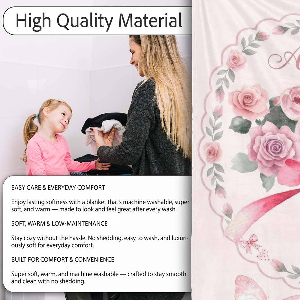 Cute Watercolor Roses Bouquet with Red Ribbon Light Pink Background Personalised Custom Name Super Soft Fleece Blanket Bed Sofa Throw
