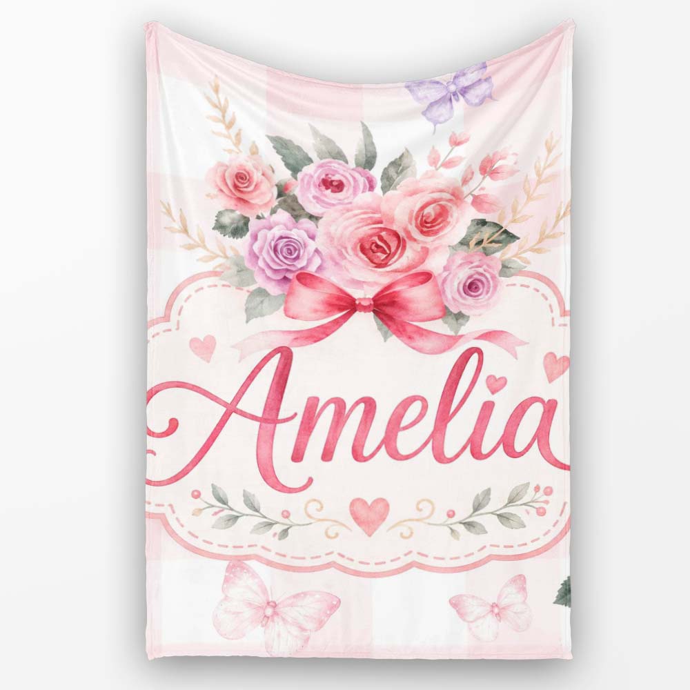 Cute Watercolor Roses Bouquet with Red Ribbon Gingham Pink Lovely Personalised Custom Name Super Soft Fleece Blanket Bed Sofa Throw