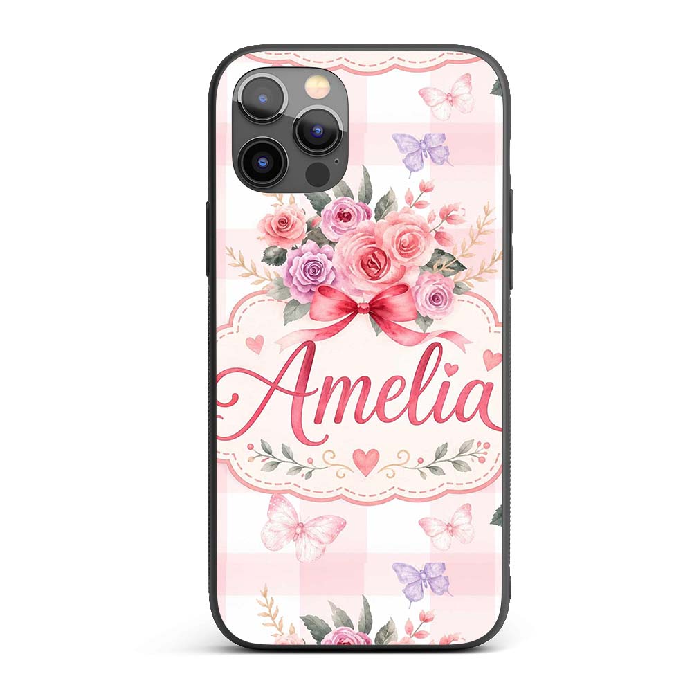 Cute Watercolor Roses Bouquet with Red Ribbon Custom Name Protective Phone Case Mobile Cover Durable Everyday Smartphone Shock Resistant