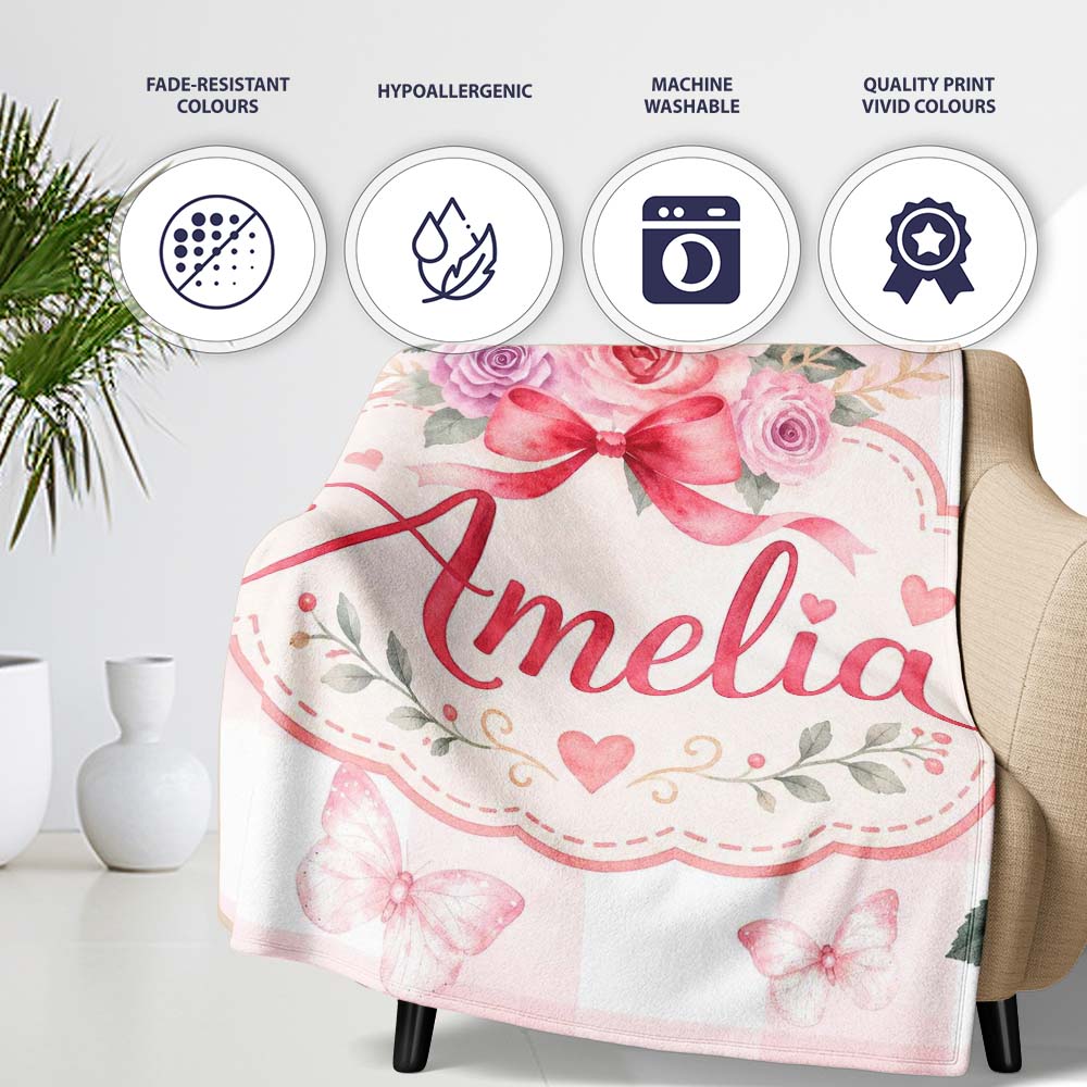Cute Watercolor Roses Bouquet with Red Ribbon Gingham Pink Lovely Personalised Custom Name Super Soft Fleece Blanket Bed Sofa Throw