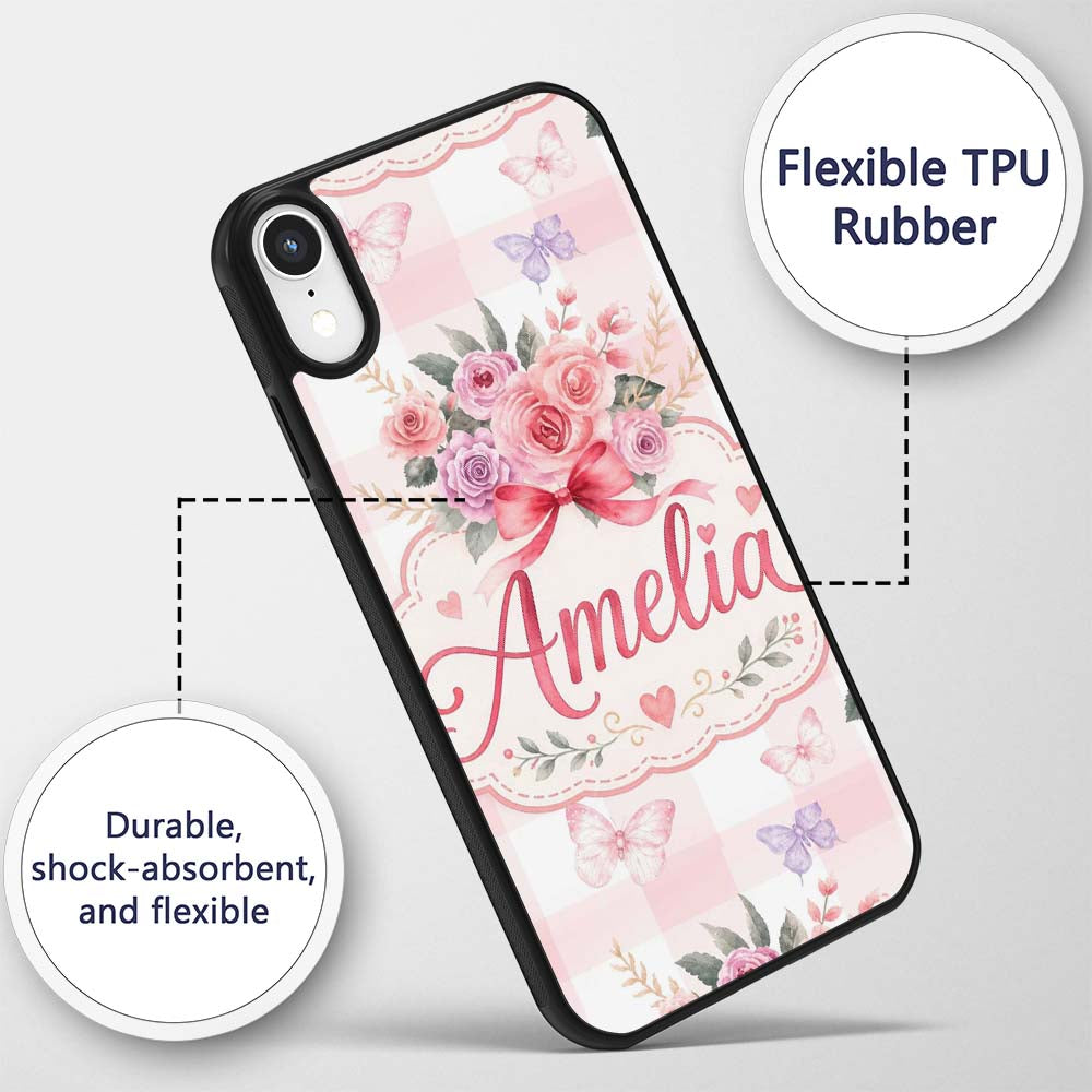 Cute Watercolor Roses Bouquet with Red Ribbon Custom Name Protective Phone Case Mobile Cover Durable Everyday Smartphone Shock Resistant