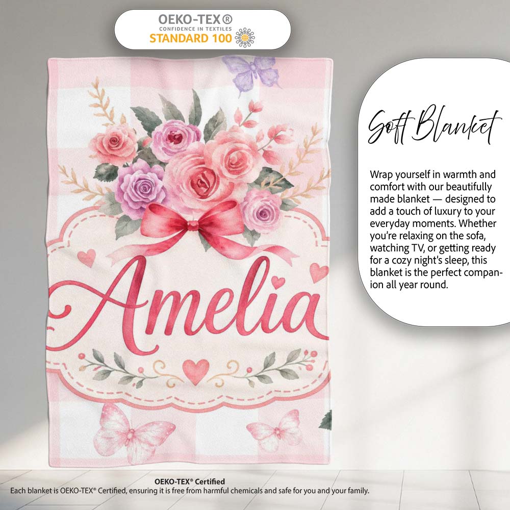 Cute Watercolor Roses Bouquet with Red Ribbon Gingham Pink Lovely Personalised Custom Name Super Soft Fleece Blanket Bed Sofa Throw