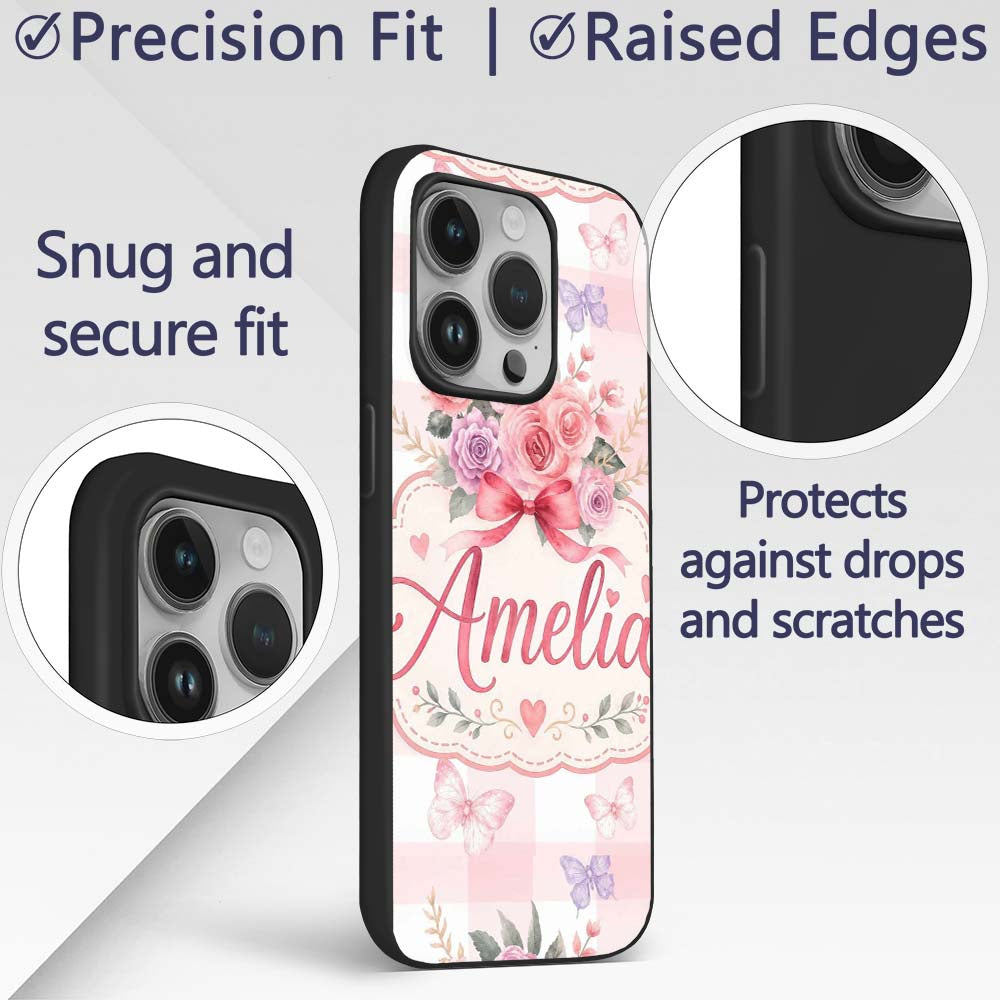 Cute Watercolor Roses Bouquet with Red Ribbon Custom Name Protective Phone Case Mobile Cover Durable Everyday Smartphone Shock Resistant