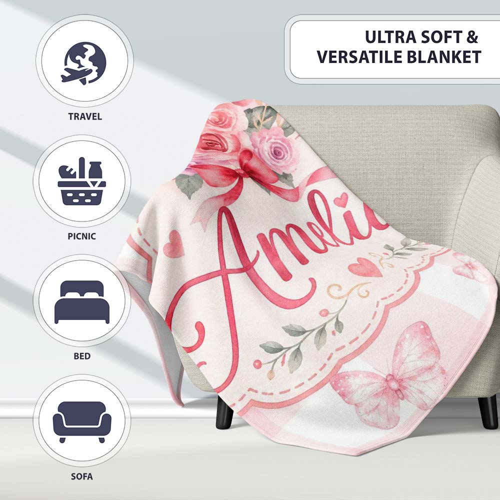 Cute Watercolor Roses Bouquet with Red Ribbon Gingham Pink Lovely Personalised Custom Name Super Soft Fleece Blanket Bed Sofa Throw