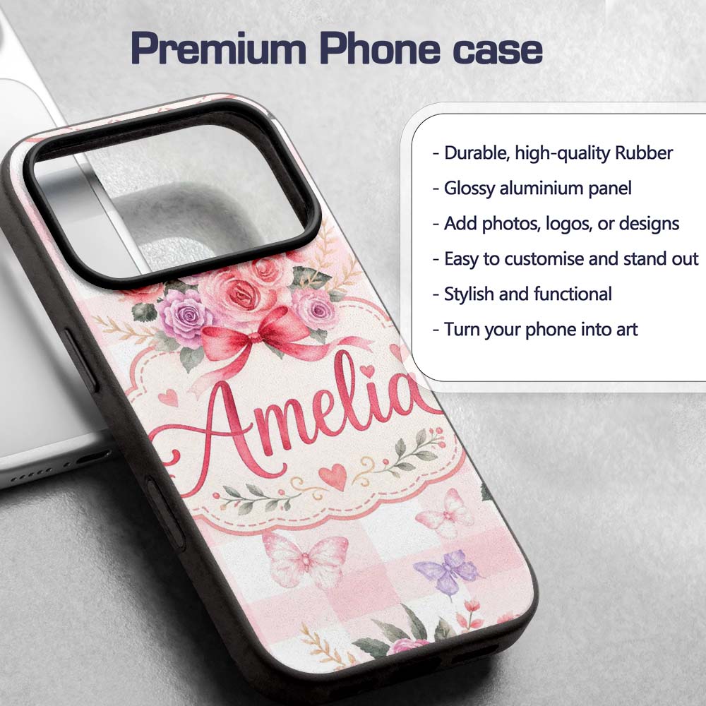 Cute Watercolor Roses Bouquet with Red Ribbon Custom Name Protective Phone Case Mobile Cover Durable Everyday Smartphone Shock Resistant