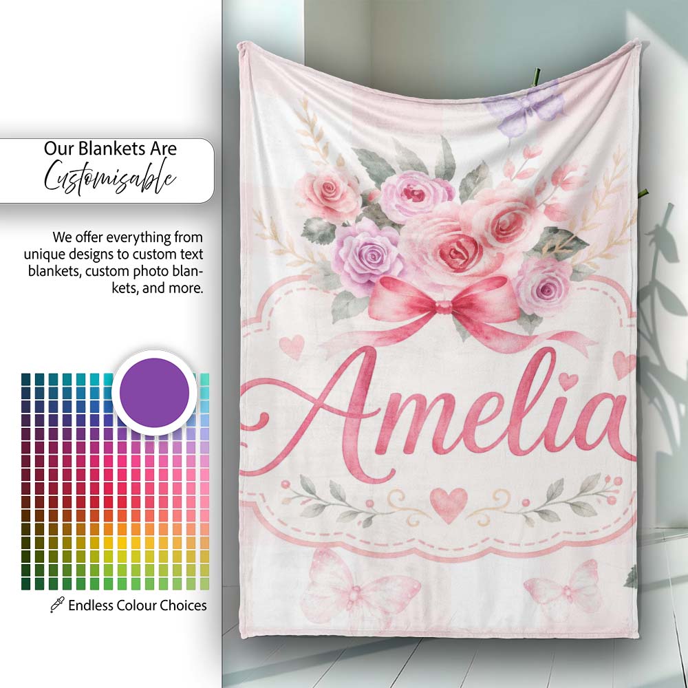 Cute Watercolor Roses Bouquet with Red Ribbon Gingham Pink Lovely Personalised Custom Name Super Soft Fleece Blanket Bed Sofa Throw