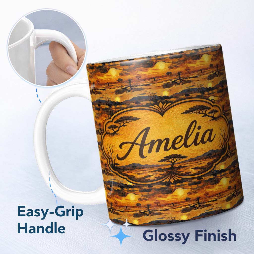 Personalized Custom Name Textured African Landscape with Sunset Scene and Silhouettes in Warm 11oz Ceramic Coffee Tea Mug White Large Handle