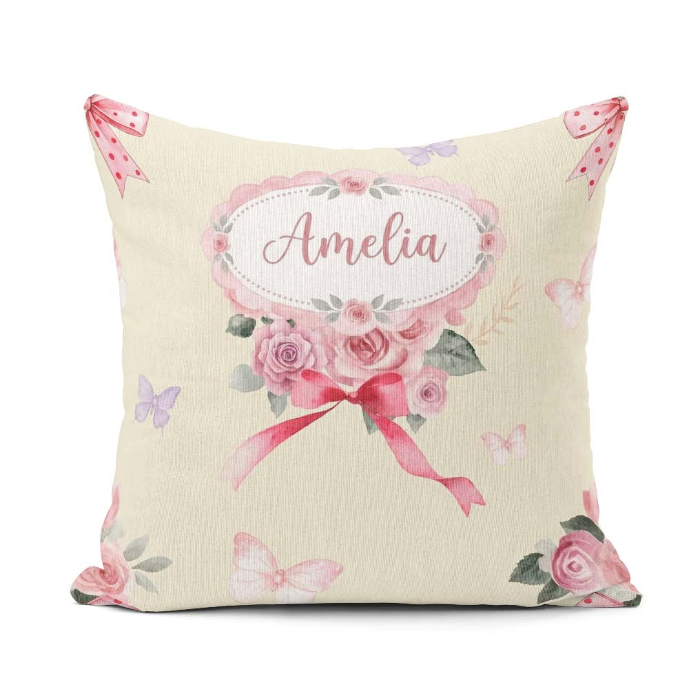 Custom Name Watercolor Roses Bouquet with Red Ribbon Soft Olive Square Filled Cushion Throw Pillow Sofa Bed Home Decor Zip Washable UK Made