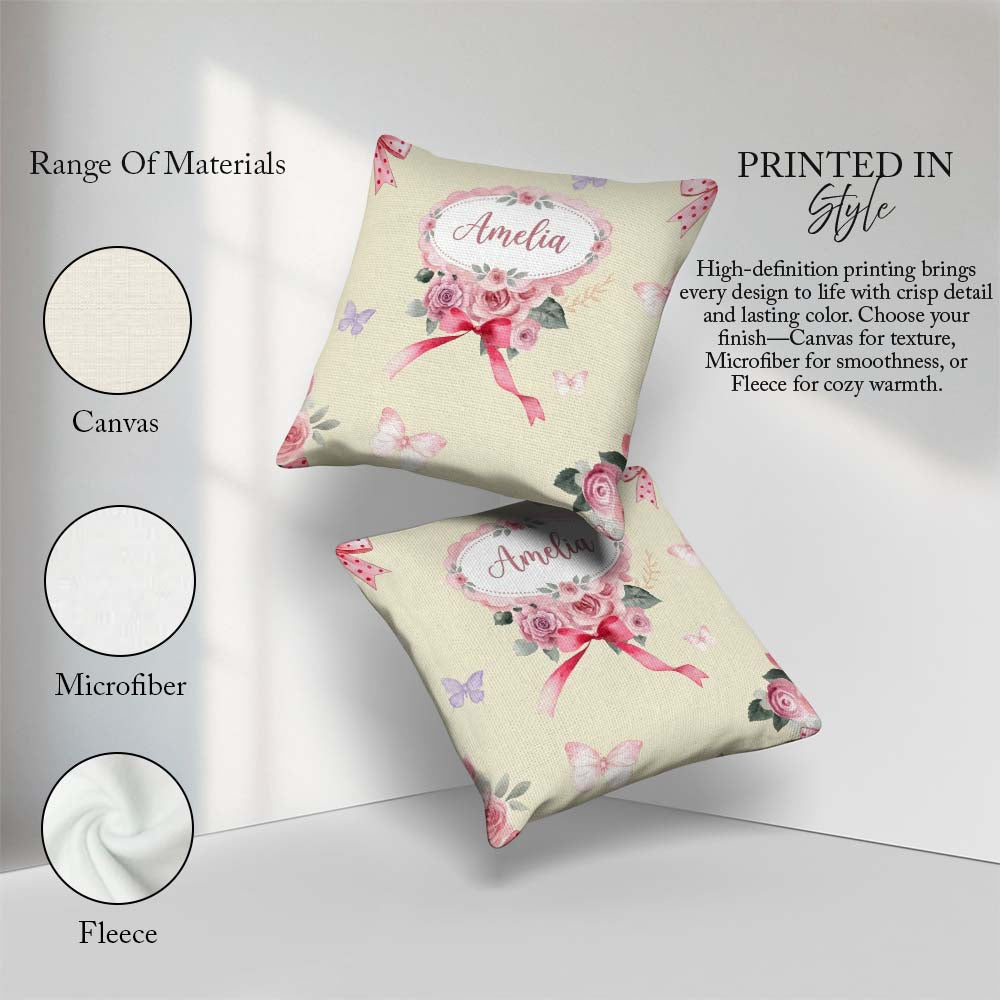 Custom Name Watercolor Roses Bouquet with Red Ribbon Soft Olive Square Filled Cushion Throw Pillow Sofa Bed Home Decor Zip Washable UK Made