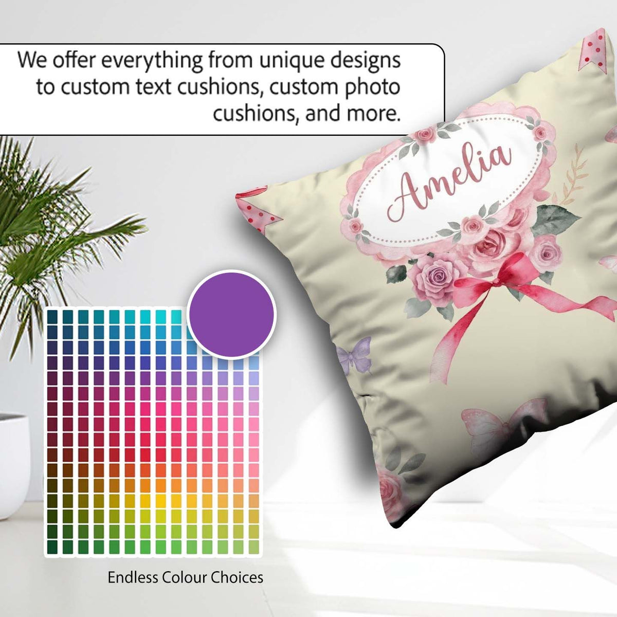 Custom Name Watercolor Roses Bouquet with Red Ribbon Soft Olive Square Filled Cushion Throw Pillow Sofa Bed Home Decor Zip Washable UK Made