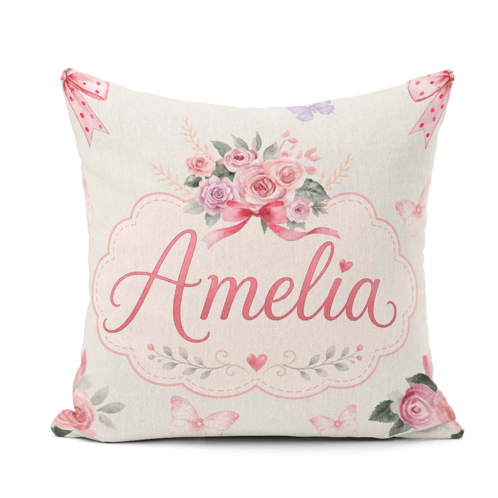 Custom Name Watercolor Roses Bouquet with Red Ribbon Light Cream Square Filled Cushion Throw Pillow Sofa Bed Home Decor Zip Washable UK Made