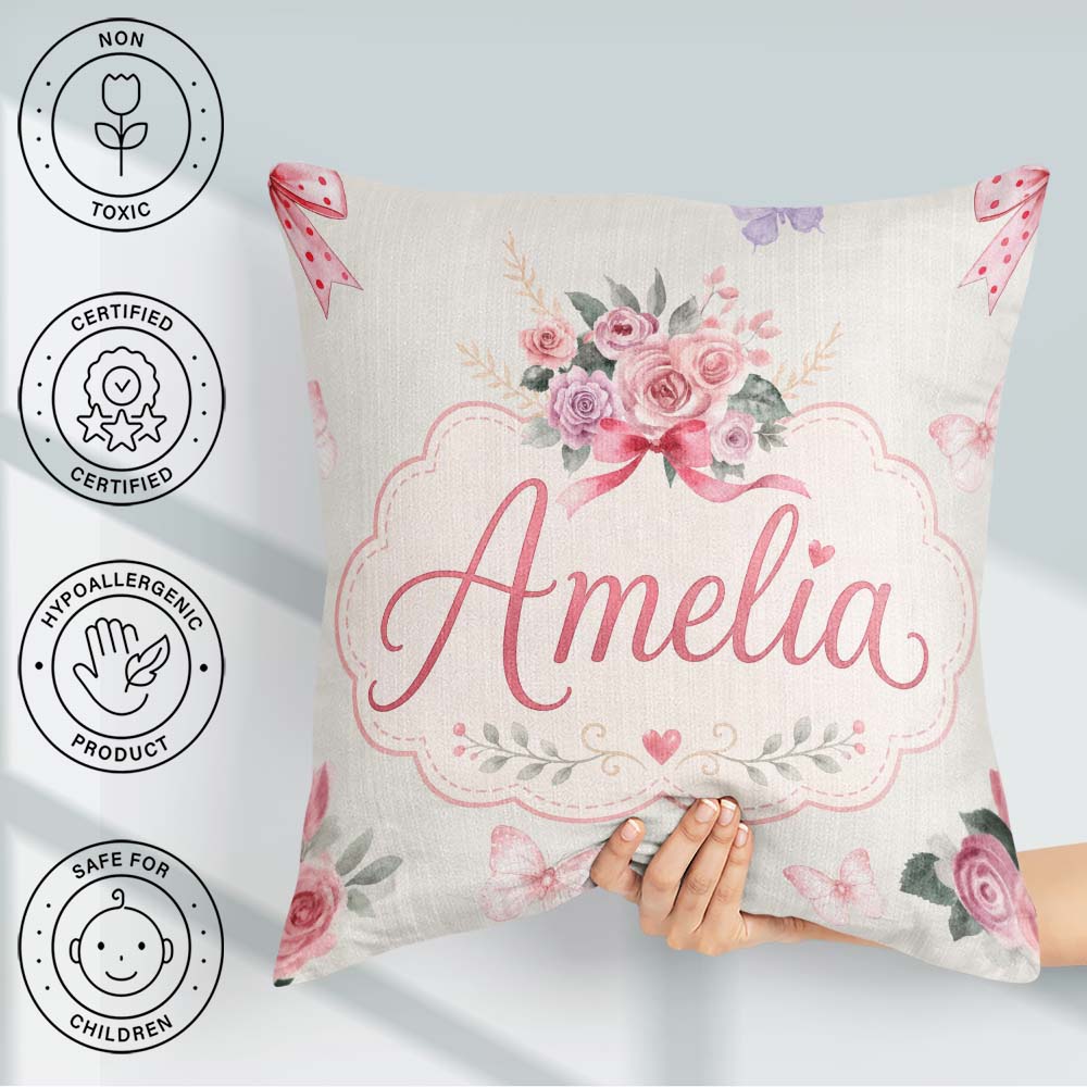 Custom Name Watercolor Roses Bouquet with Red Ribbon Light Cream Square Filled Cushion Throw Pillow Sofa Bed Home Decor Zip Washable UK Made