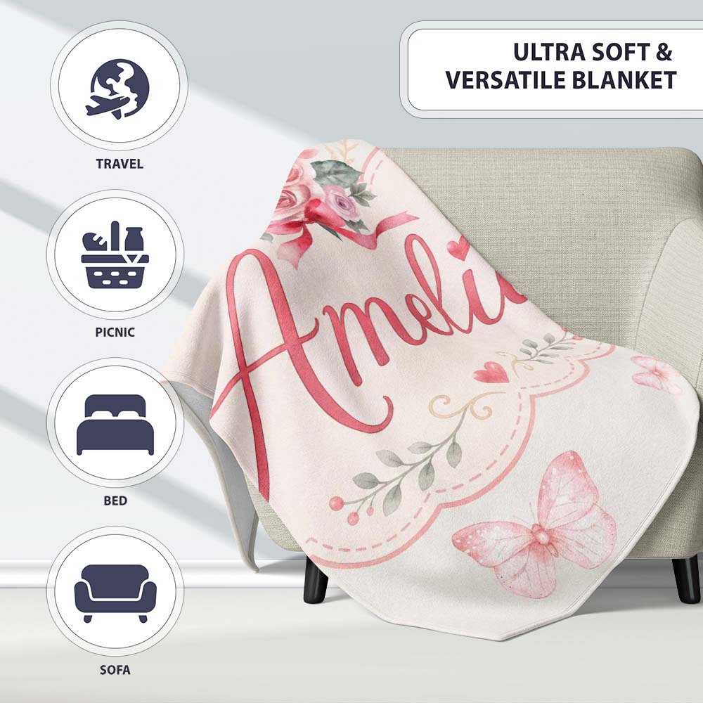 Cute Watercolor Roses Bouquet with Red Ribbon Light Cream Background Personalised Custom Name Super Soft Fleece Blanket Bed Sofa Throw