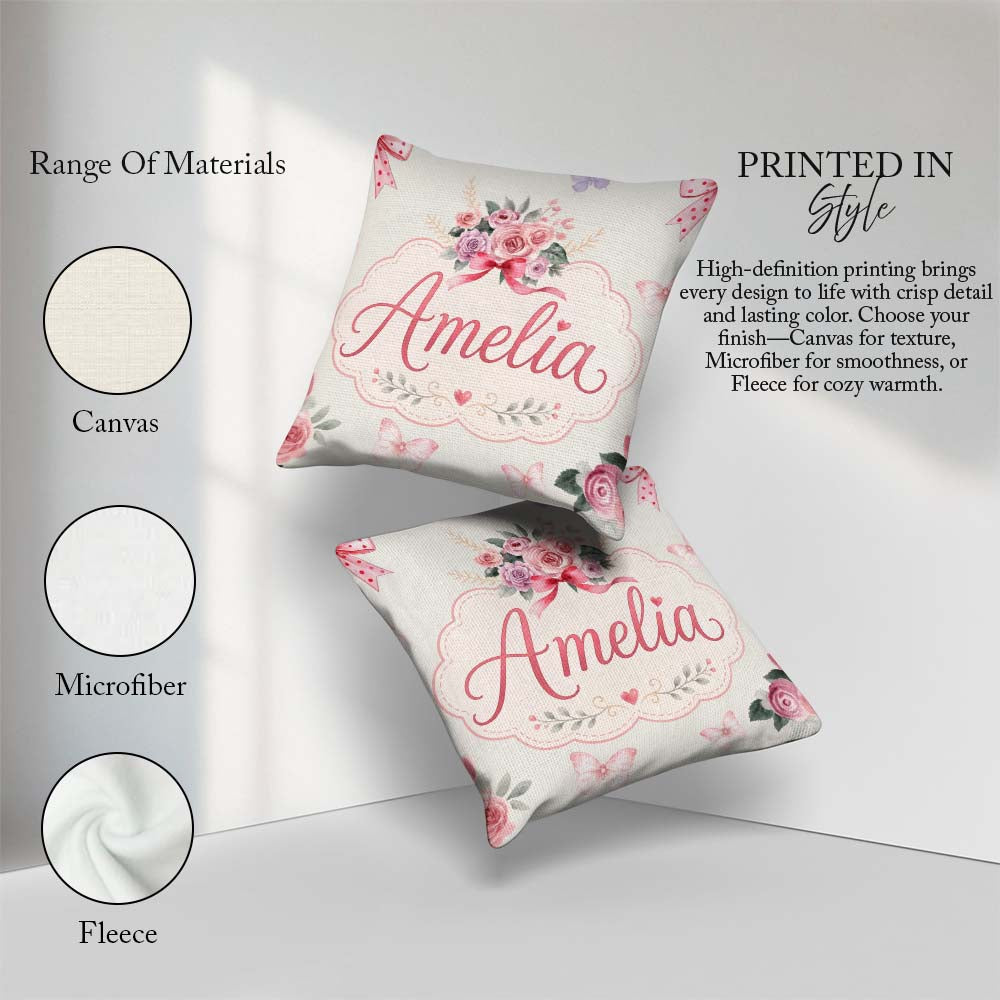Custom Name Watercolor Roses Bouquet with Red Ribbon Light Cream Square Filled Cushion Throw Pillow Sofa Bed Home Decor Zip Washable UK Made
