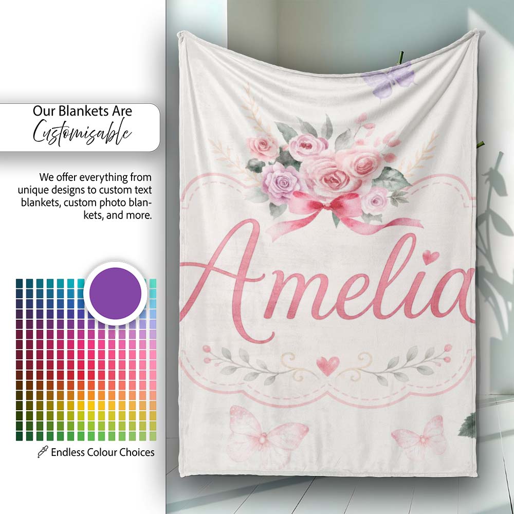 Cute Watercolor Roses Bouquet with Red Ribbon Light Cream Background Personalised Custom Name Super Soft Fleece Blanket Bed Sofa Throw