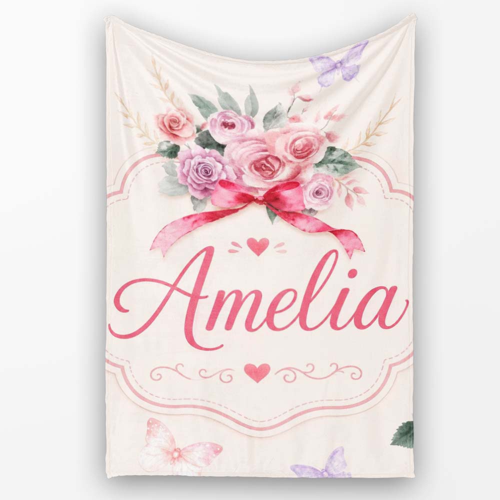 Cute Watercolor Roses Bouquet with Red Ribbon Neutral Beige Lovely Personalised Custom Name Super Soft Fleece Blanket Bed Sofa Throw