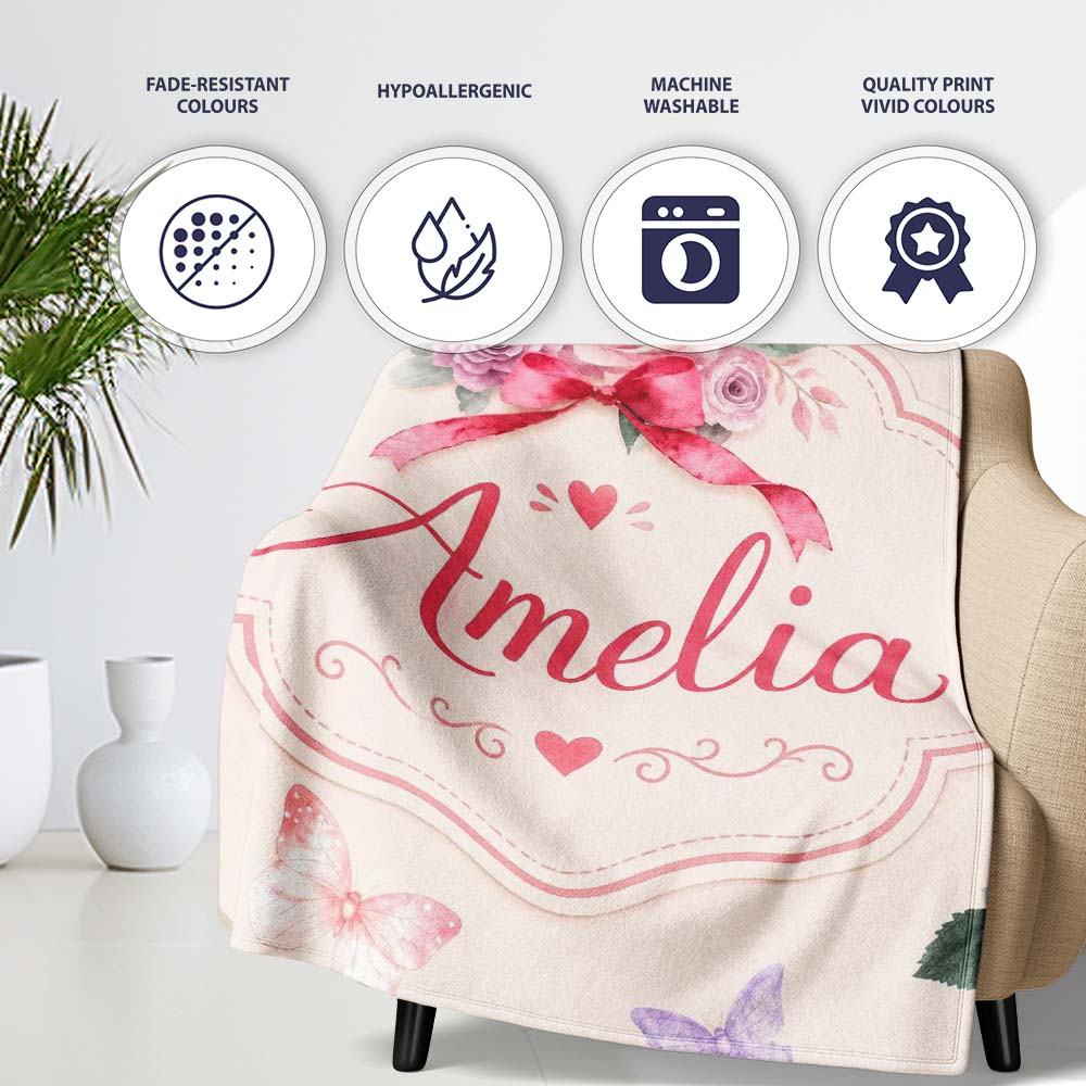 Cute Watercolor Roses Bouquet with Red Ribbon Neutral Beige Lovely Personalised Custom Name Super Soft Fleece Blanket Bed Sofa Throw