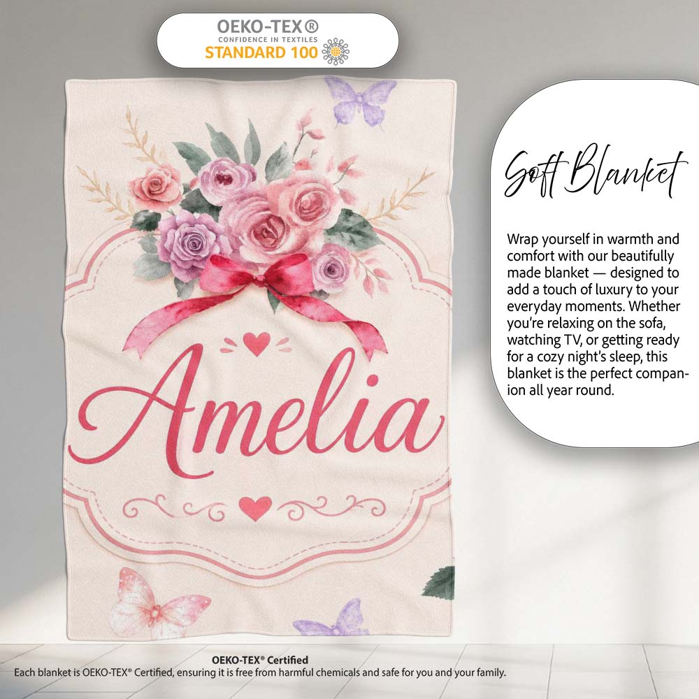 Cute Watercolor Roses Bouquet with Red Ribbon Neutral Beige Lovely Personalised Custom Name Super Soft Fleece Blanket Bed Sofa Throw