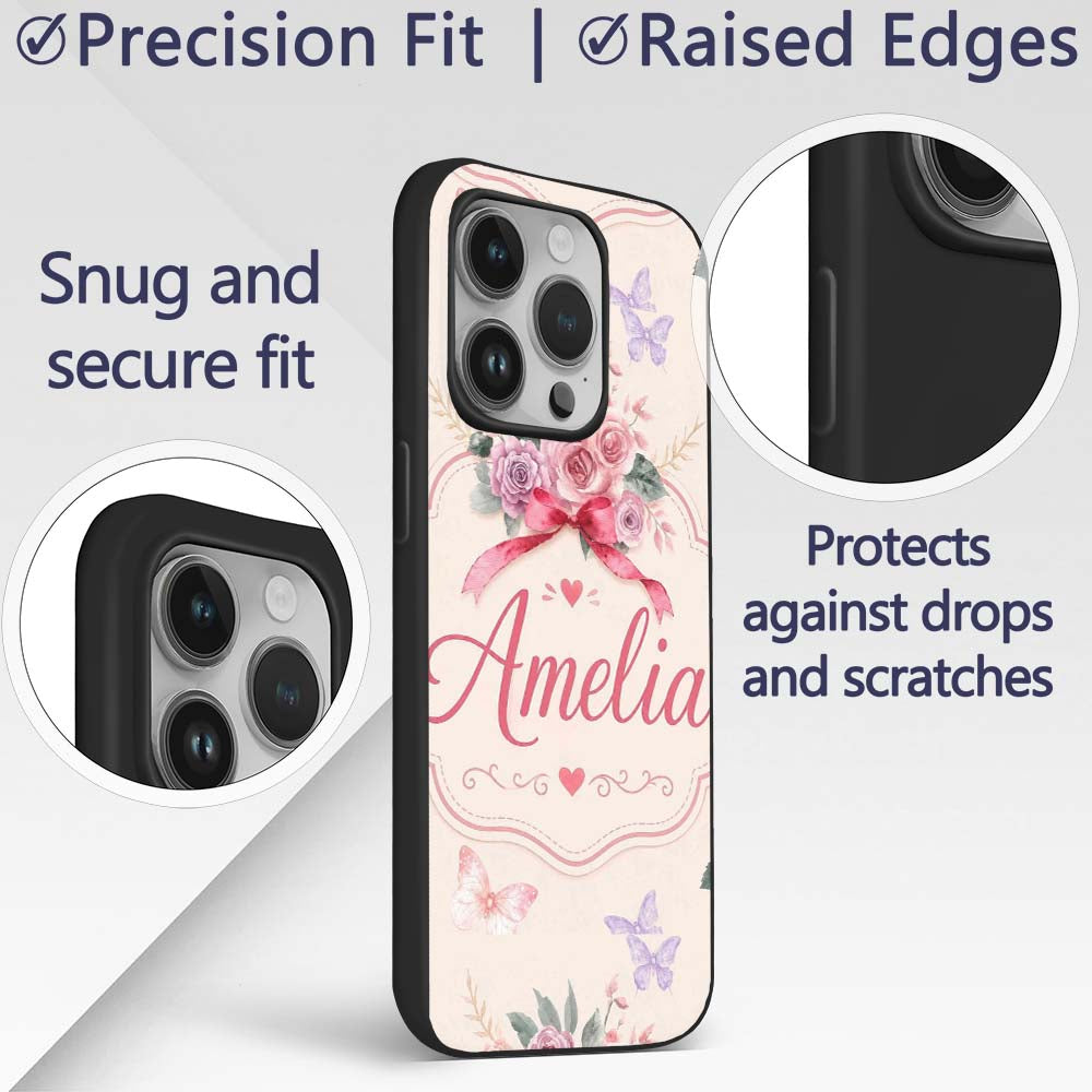 Cute Watercolor Roses Bouquet with Red Ribbon Custom Name Protective Phone Case Mobile Cover Durable Everyday Smartphone Shock Resistant