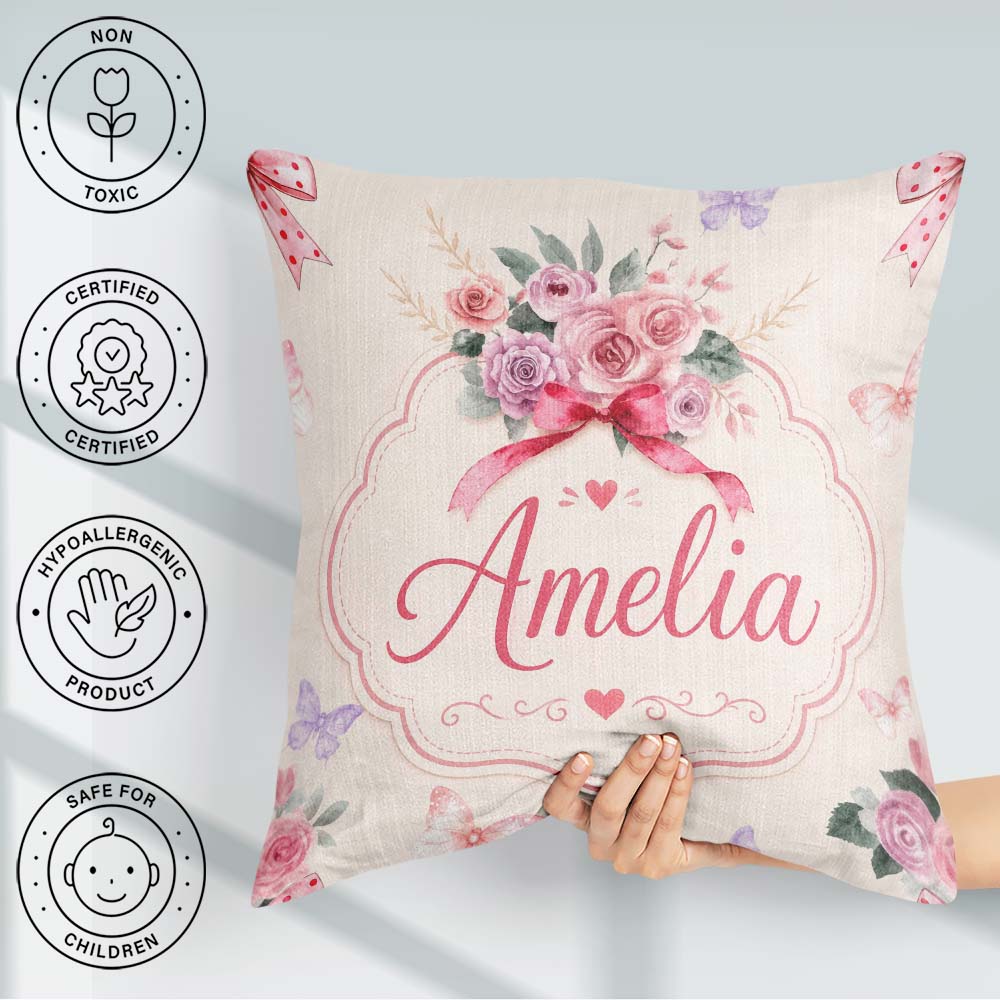Custom Name Cute Watercolor Roses Bouquet with Red Neutral Beige Square Filled Cushion Throw Pillow Sofa Bed Home Decor Zip Washable UK Made