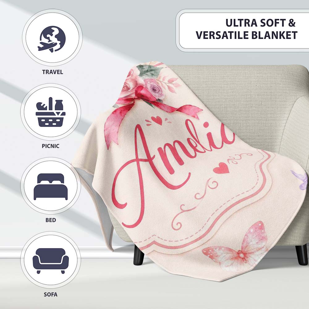 Cute Watercolor Roses Bouquet with Red Ribbon Neutral Beige Lovely Personalised Custom Name Super Soft Fleece Blanket Bed Sofa Throw