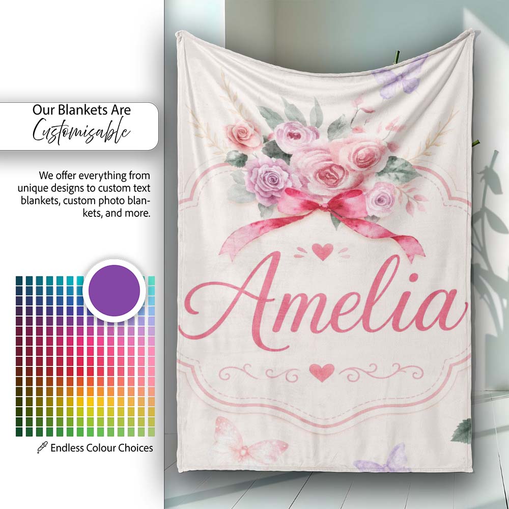 Cute Watercolor Roses Bouquet with Red Ribbon Neutral Beige Lovely Personalised Custom Name Super Soft Fleece Blanket Bed Sofa Throw